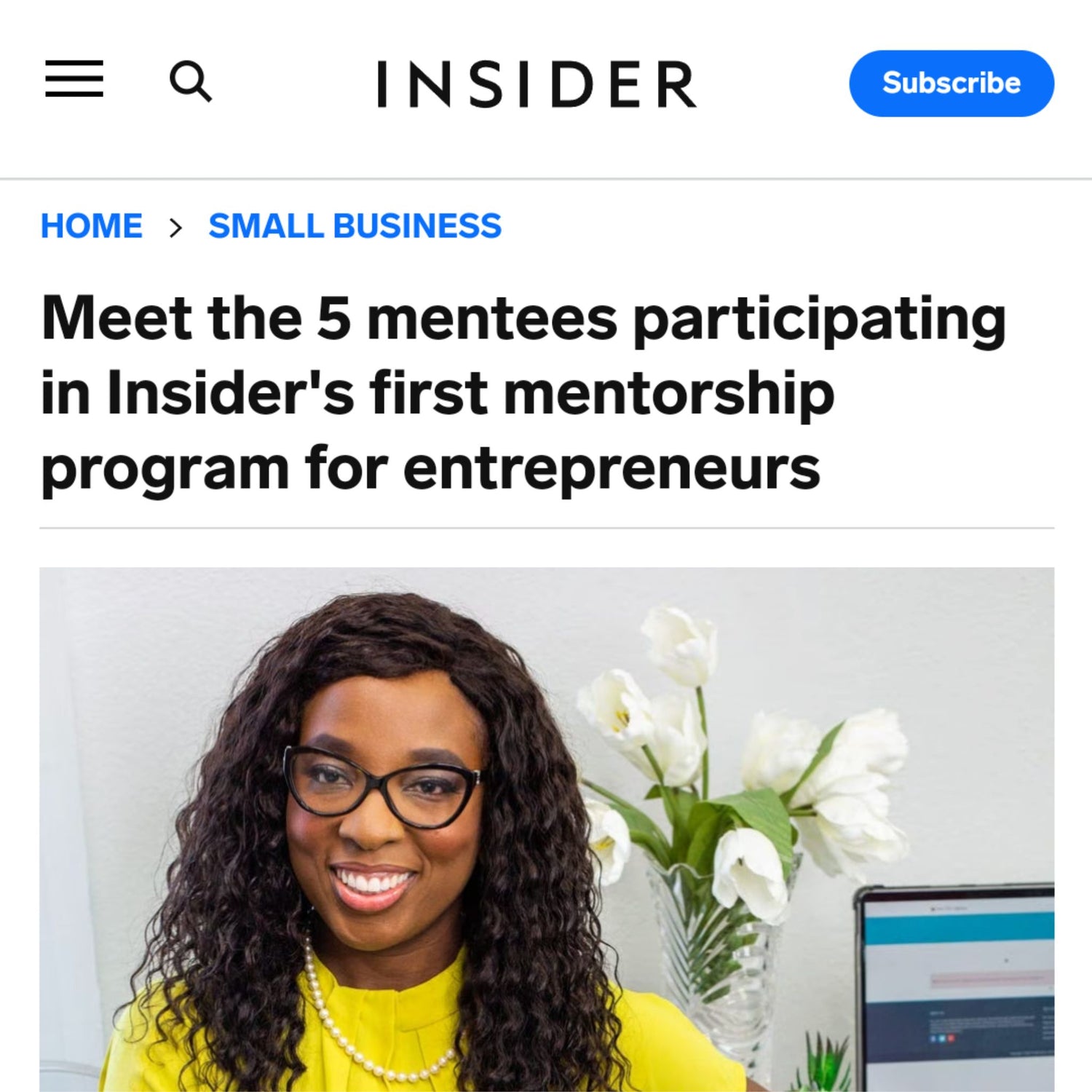 Insider article with headline stating "meet the 5 mentees participating in Indider's first mentorship program for entrepreneurs"